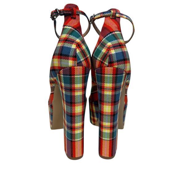 Steve Madden Skyscraper Red Multicolored Plaid Platform Heels 6 - Picture 4 of 6
